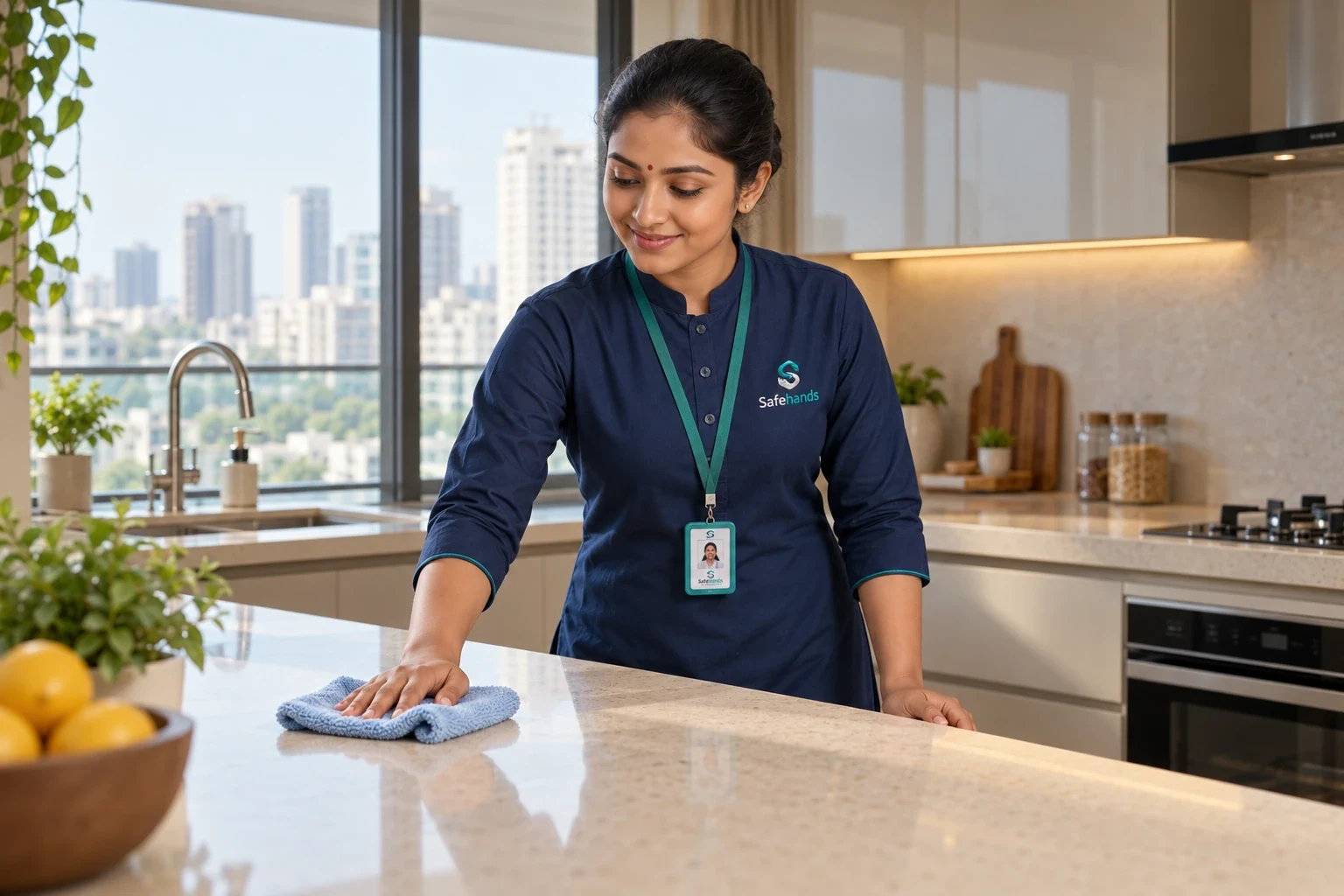 A SafeHands maid in uniform cleaning a kitchen counter