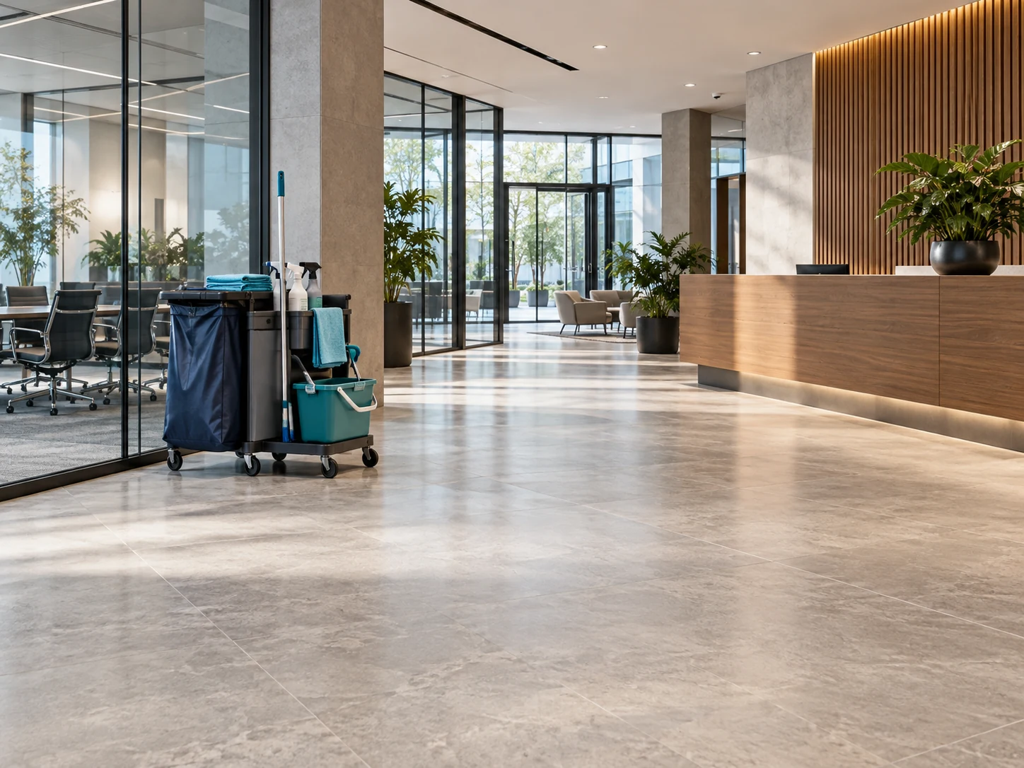 An office lobby with a commercial housekeeping trolley