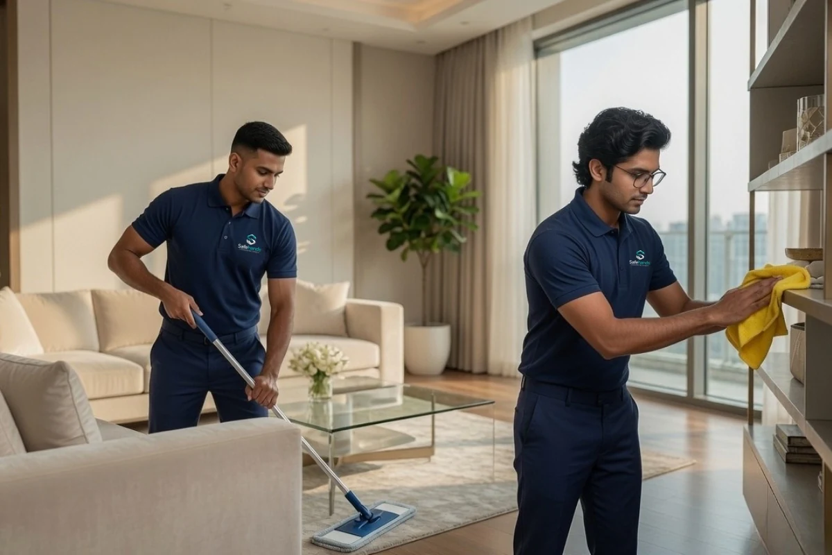 Two SafeHands staff deep cleaning a living room