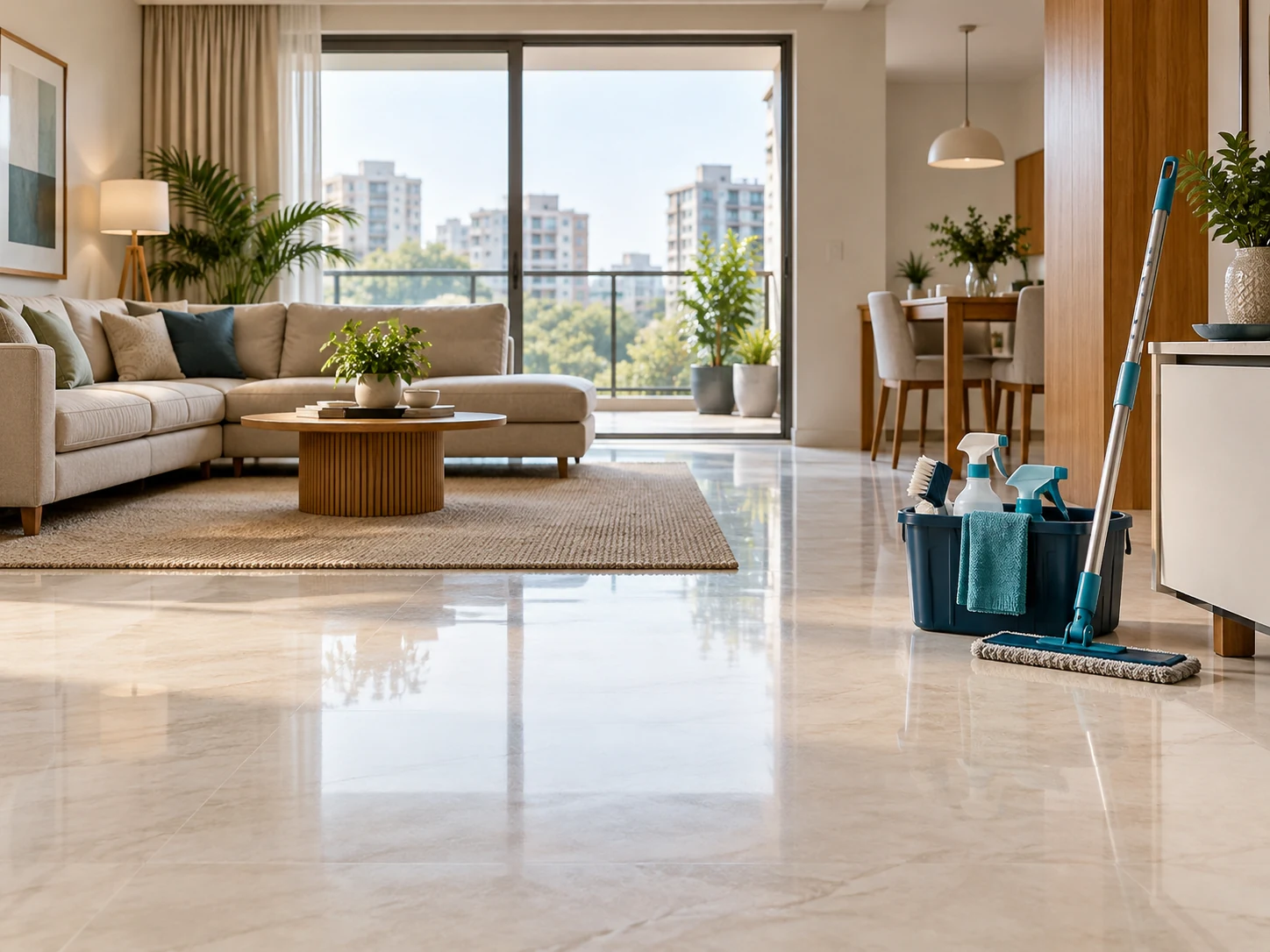 An apartment interior with a routine cleaning caddy and mop